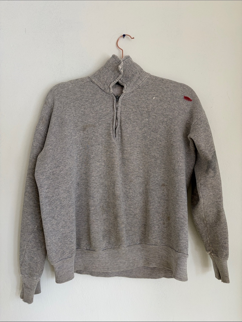 Vintage Gray Zip-Neck Sweater with Red Accent